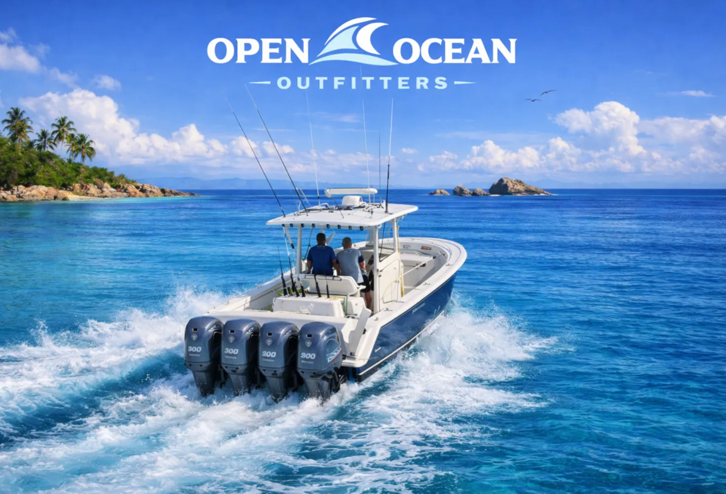 Boat on the ocean with 'Open Ocean Outfitters' logo